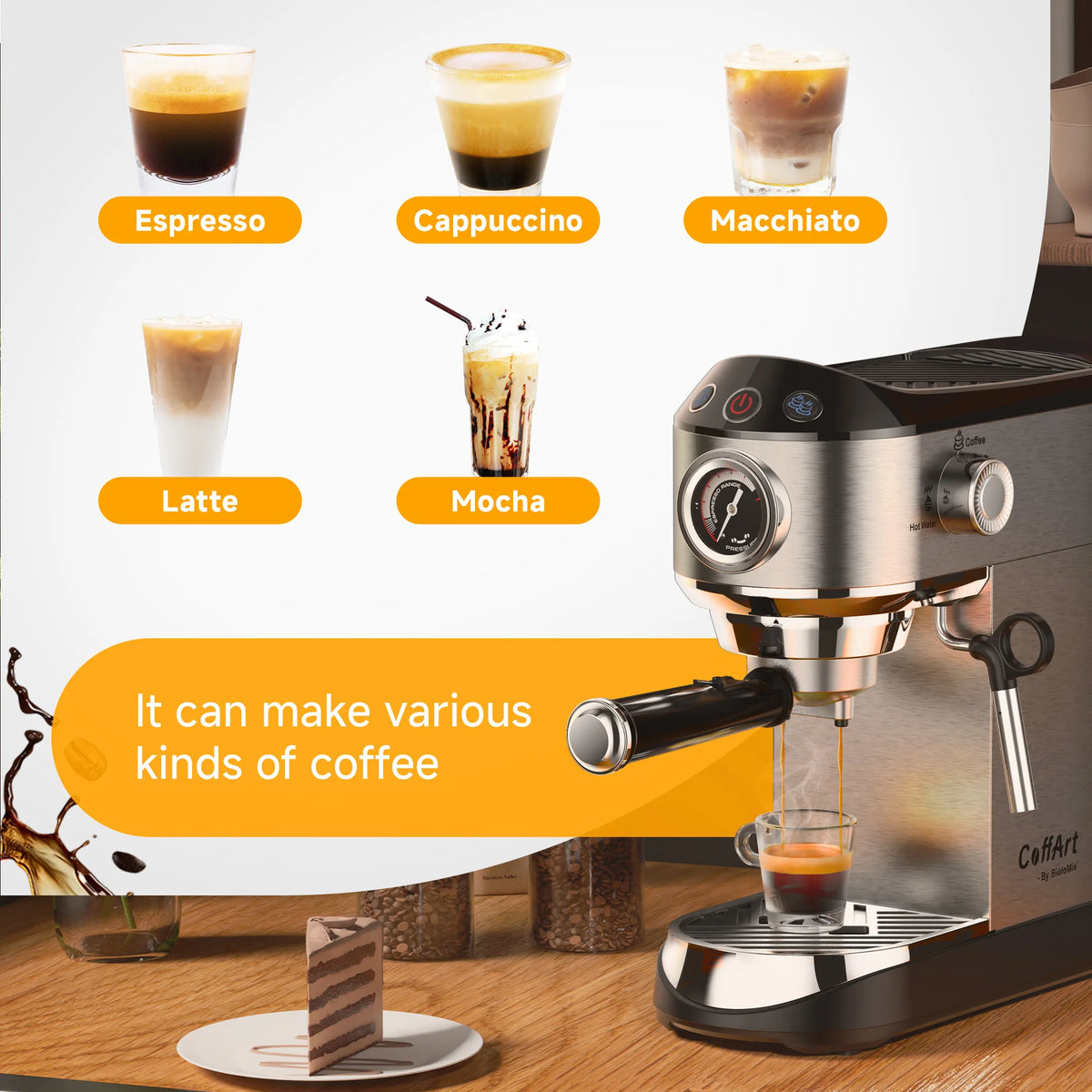 BioloMix 20 Bar Halfautomatische Koffiemachine met Melkopschuimer voor Espresso, Cappuccino, Latte, Mokka en Speciale Koffiedranken