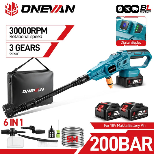 ONEVAN 3500W 200Bar Brushless Electric High Pressure Car Washer Foam Generator Car Washer Power Tools For Makita 18V Battery Pin