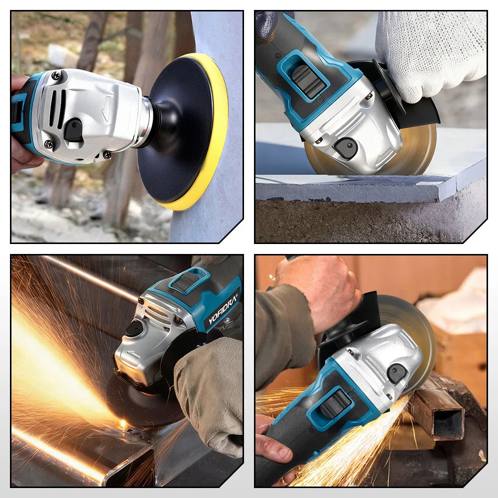 YOFIDRA 125MM Brushless Electric Angle Grinder Cordless Metal Wood Grinding Polishing Cutting Power Tool for Makita 18-21V Battery Pin