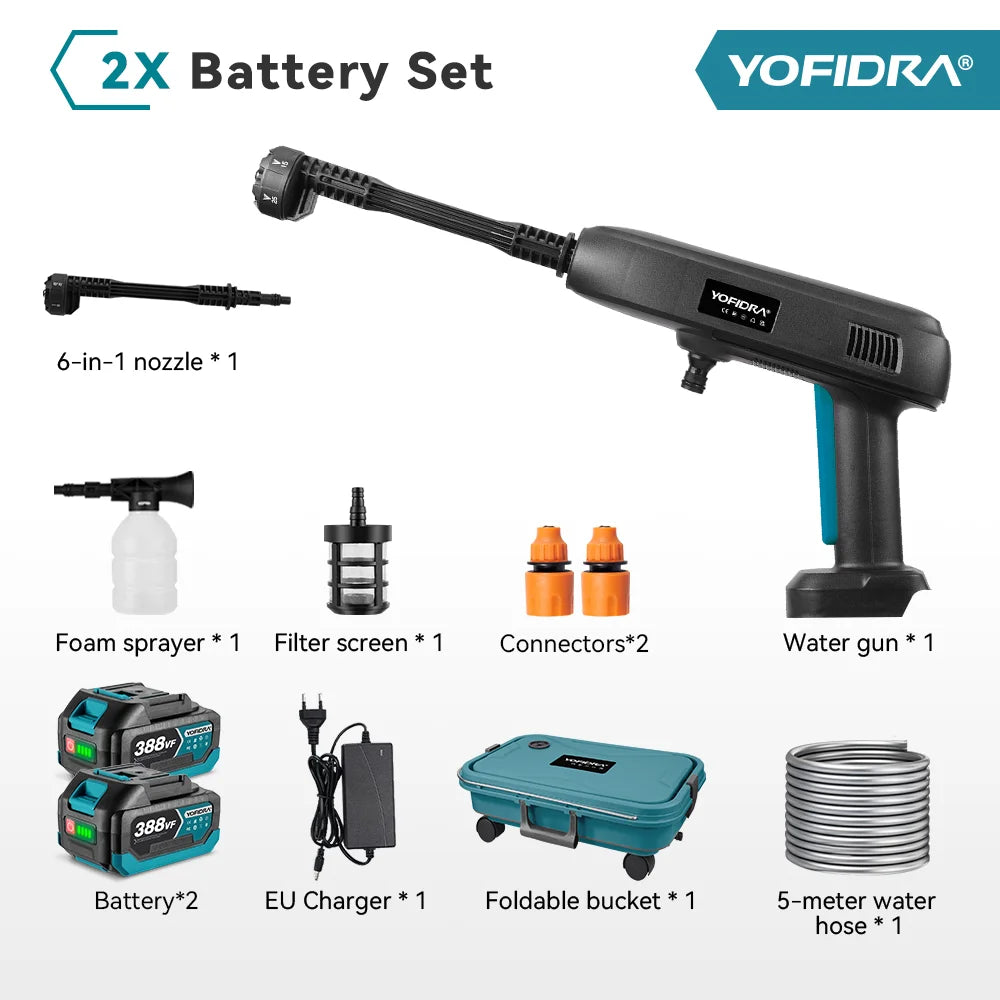 YOFIDRA 6-in-1 100Bar elektrische waterpistool met 22L inklapbare emmer, hogedrukreiniger voor thuis en auto, geschikt voor Makita 18V-accu