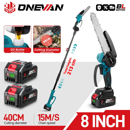 ONEVAN 5500W 8Inch Brushless Telescoping Pole Electric Chainsaw 2 IN 1 High Branch Garden Pruning Tool For 21V 18V Battery