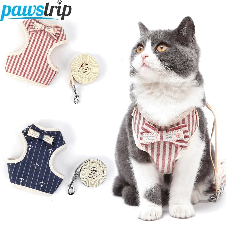 Striped Adjustable Cat Harness Leash Escape Proof Pet Harness for Cats Small Dogs Outdoor Walking Cat Harness with Bowknot