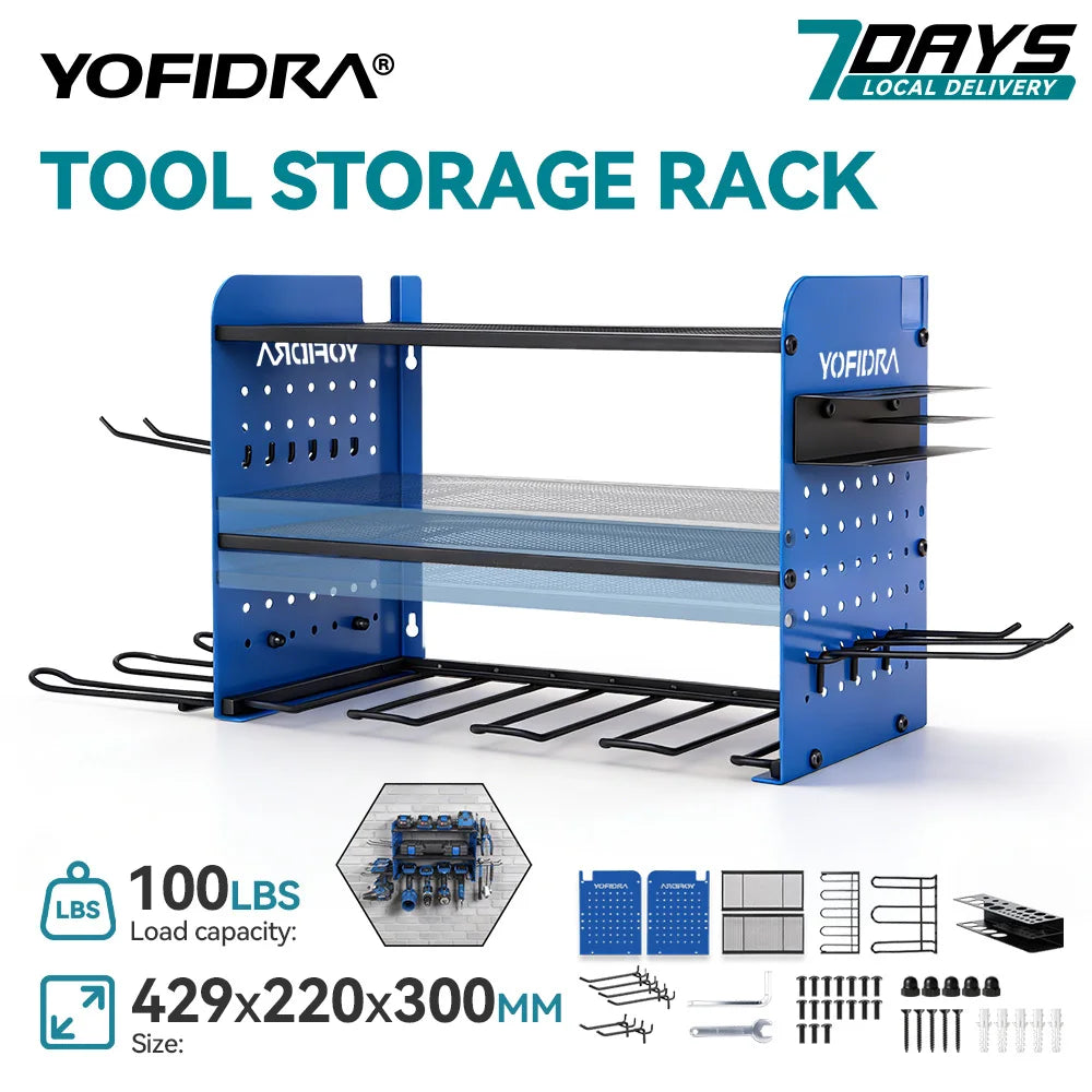 YOFIDRA 3-laags elektrisch gereedschap-organizer wandmontage robuust metalen gereedschapsschap boormachine-hanger opslag gereedschapshouder voor werkplaats-gaatjesbord