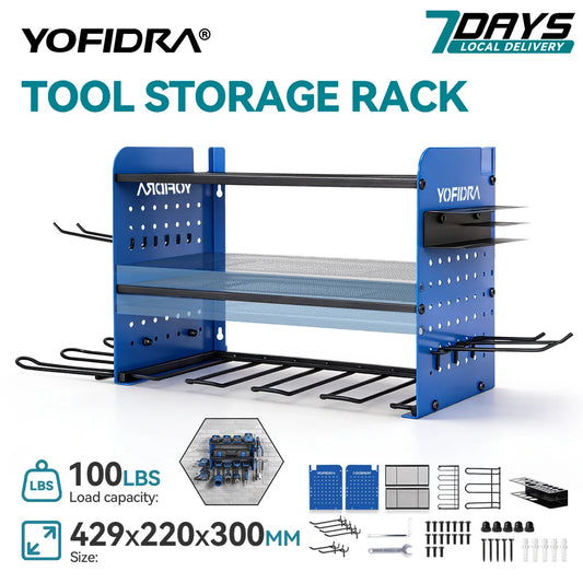 YOFIDRA 3-Tier Power Tool Organizer Wall Mount Duty Metal Tool Shelf Drill Hanger Storage Tool Holder for Workshop Pegboard
