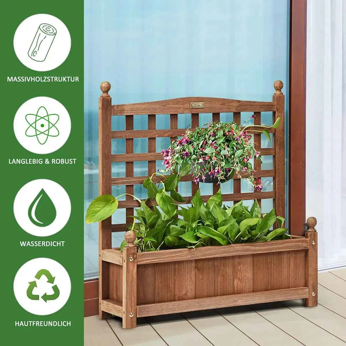 Flower Box with Trellis, Wooden Planter, Raised Bed with Trellis, Flower Tub, Trellis , 64.5 x 28 x 75 cm, Brown