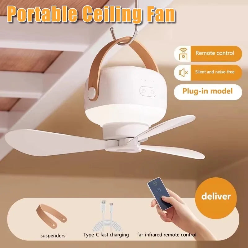 Nouveau ventilateur électrique 2026 pour camping, tente, maison, ventilateur de plafond portable rechargeable 7200 mAh avec télécommande et éclairage LED