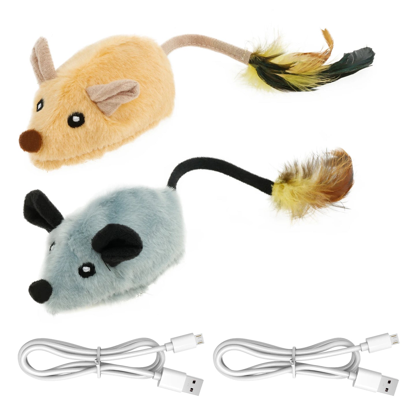 Two plush mouse cat toys with feathered tails and two white USB charging cables.