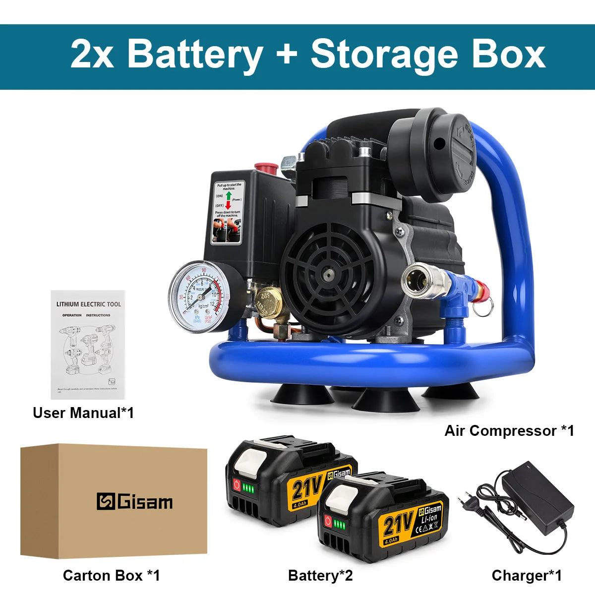 Compresseur d'air électrique Gisam 1,5 L, 8 bars, 120 PSI, sans huile, portable, pour réparation, gonflage de pneus, peinture automobile, bricolage, outil haute puissance pour batterie Makita 18 V