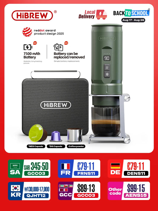 HiBREW H4C Portable Espresso Coffee Machine 3in1 Travel Coffee Maker 7500mAh Lithium Battery Self-Heating Ns DG Capsule & Ground