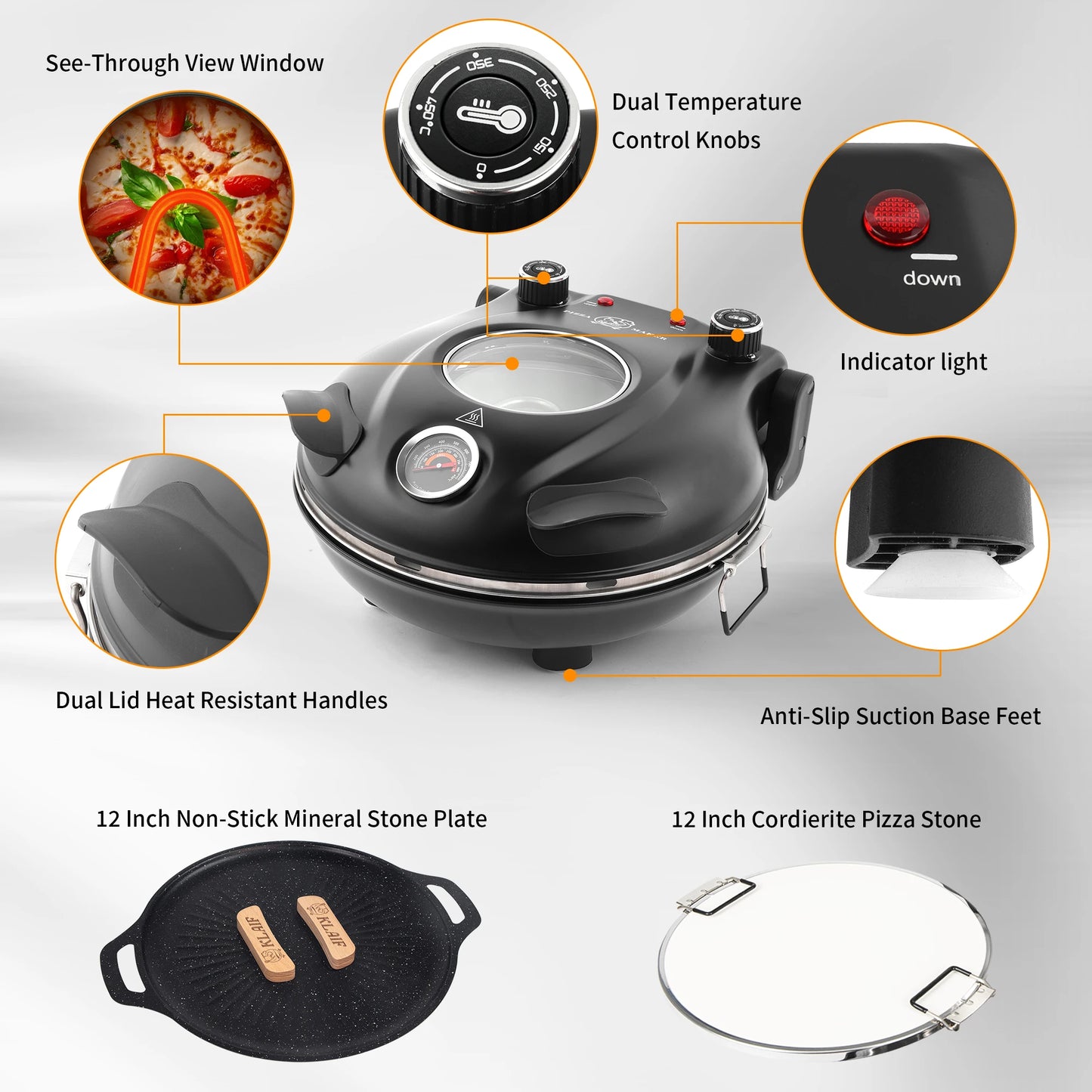 Dual Temp Control Pizza Oven with 420℃ Max Temp, 12" Pizza Stone & Mineral Stone Plate, Household Machine for Pizza and Steak