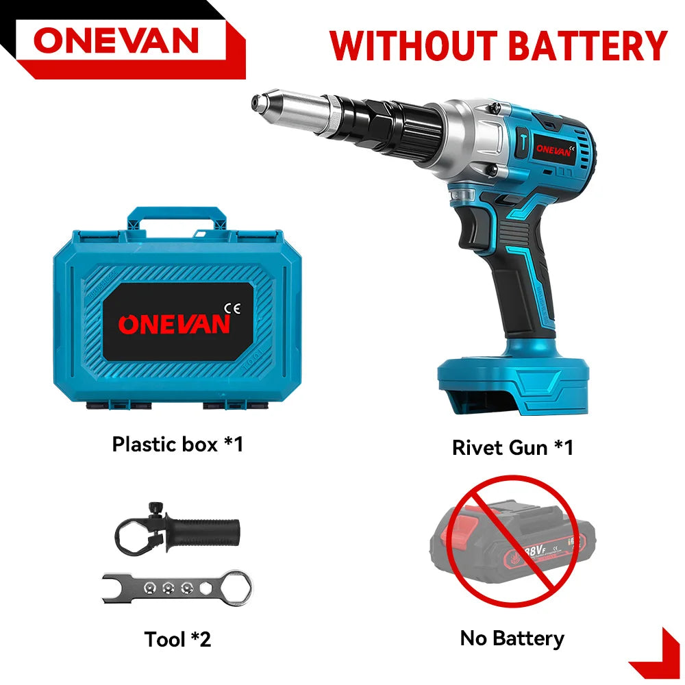 ONEVAN 25000N Borstelloos Elektrisch Klinkpistool 2.4-5.0mm Snoerloos Blindklinknagelgereedschap voor Makita 18V Accu