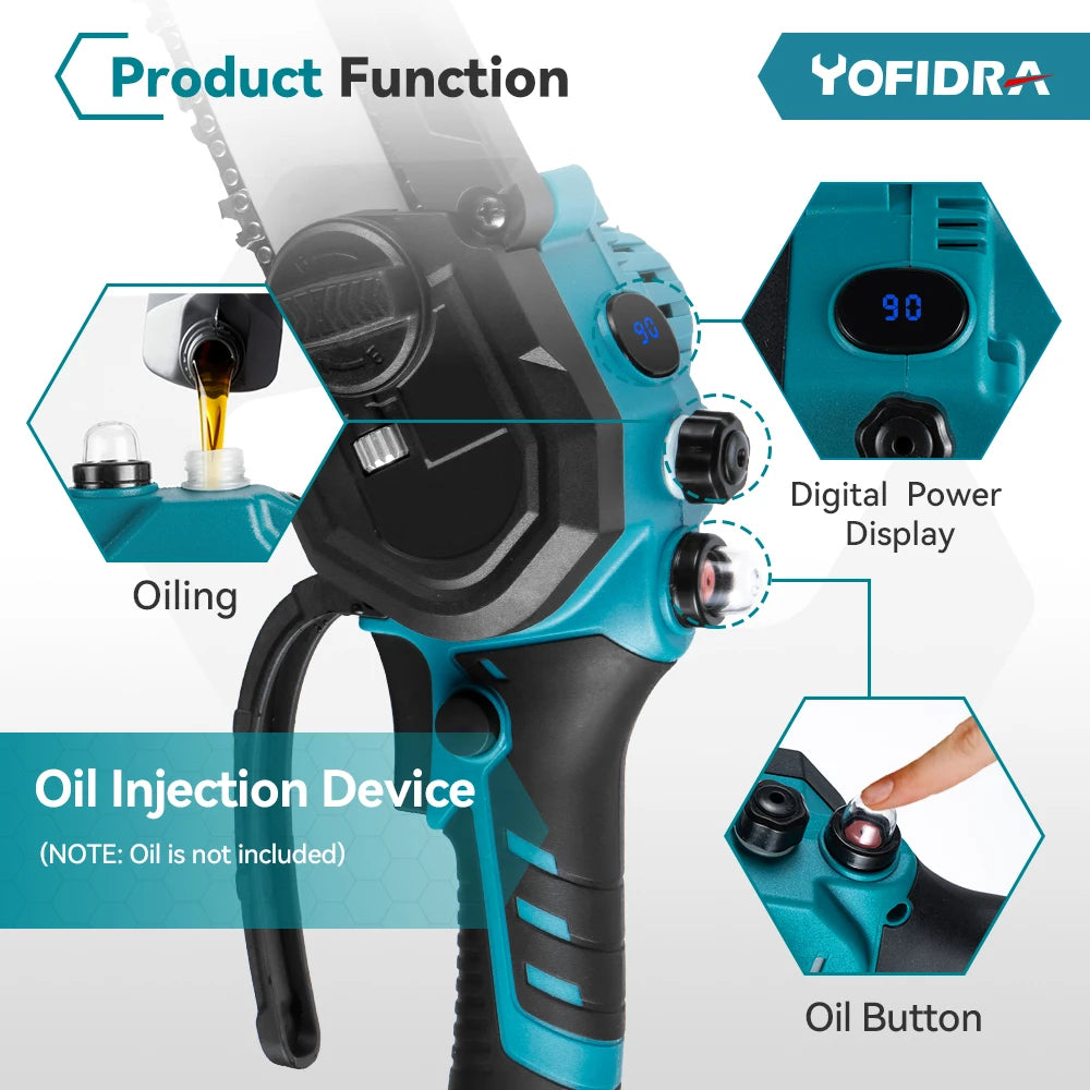 YOFIDRA 8Inch Brushless Electric Chainsaw Cordless Pruning Cutting Wood Tree Branch Garden Power Tool for Makita 18V Battery Pin