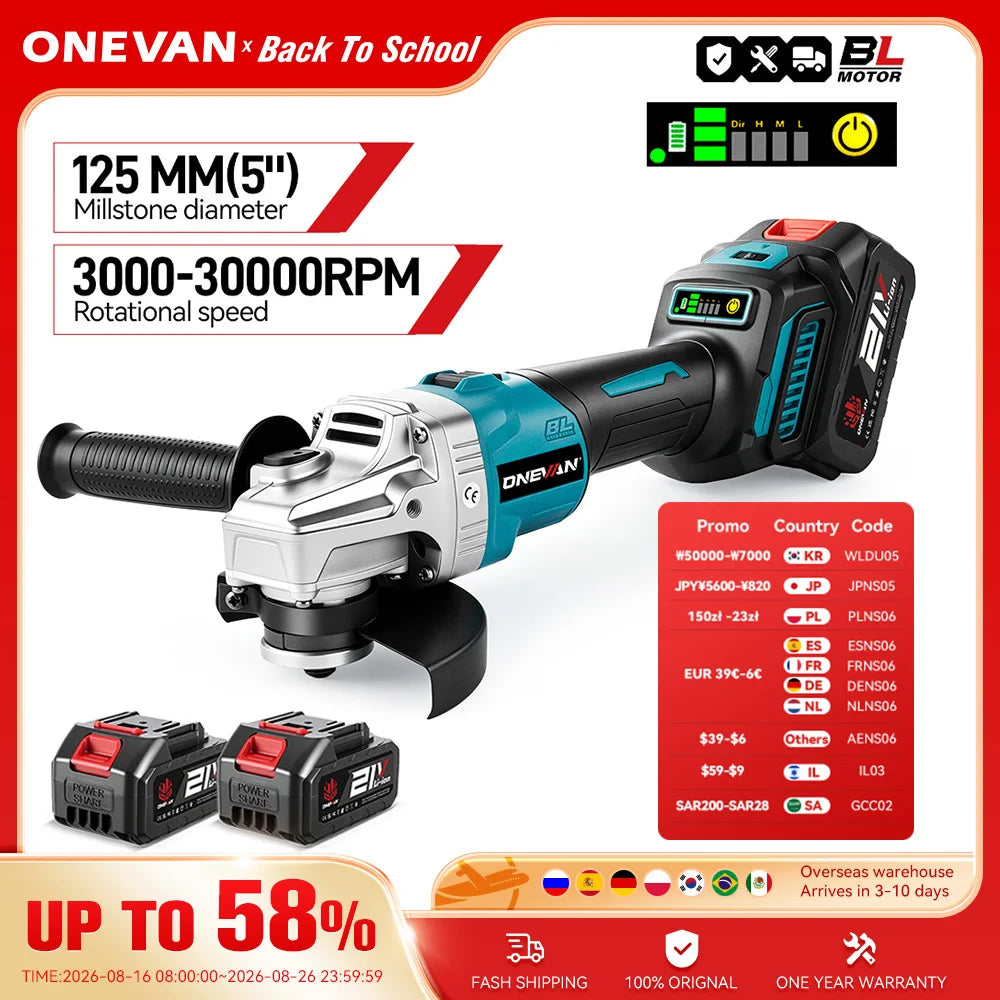 ONEVAN 6Gears Brushless Electric Angle Grinder 125MM Rechargeable Angle Grinder Polishing Power Tools For Makita 18V Battery Pin