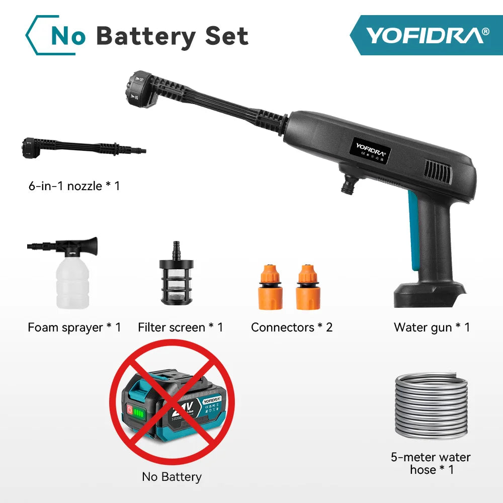 YOFIDRA 6 IN 1 100Bar Electric Water Spray Gun with 22L Foldable Water Bucket Home Car Washing Machine for Makita 18V-21V Battery Pin