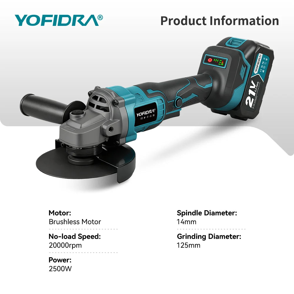 YOFIDRA 125mm Borstelloze Haakse Slijper 3 Versnellingen Draadloze Slijpmachine Snijgereedschap Houtbewerking Elektrisch Gereedschap Voor Makita Batterij Pin