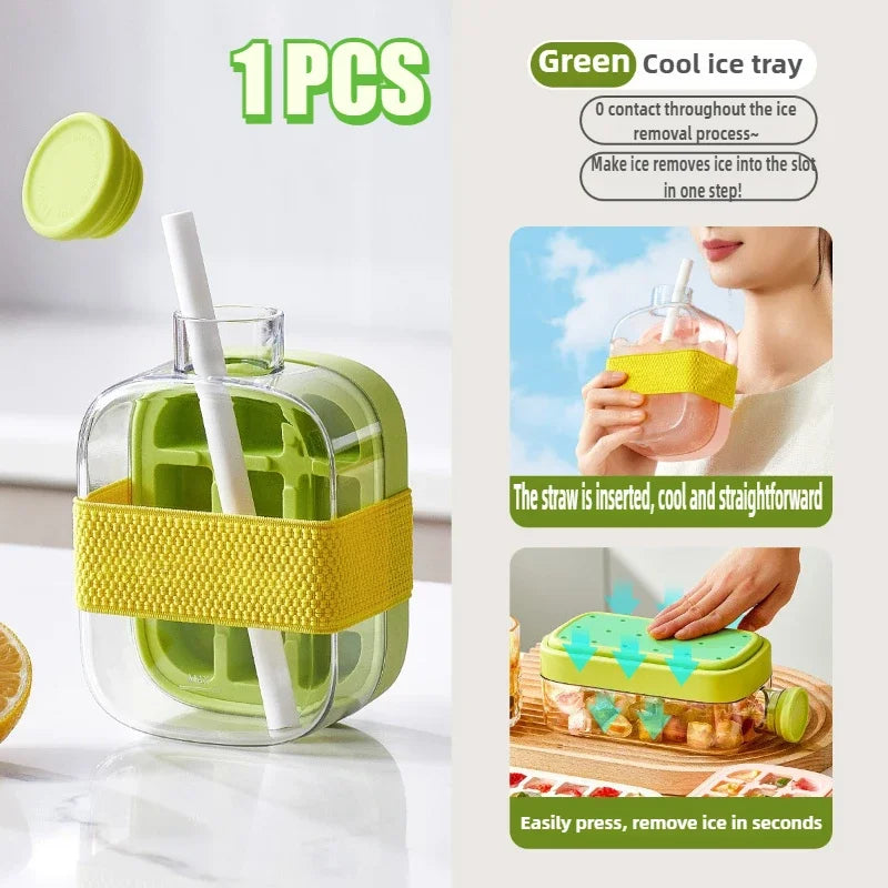 Ice Cube Water Bottle Ice Cube Mold Press Ice Maker With Lid Food Grade Ice-Making Straw Dual-use Ice-Kettle NO TOUCH Silicone