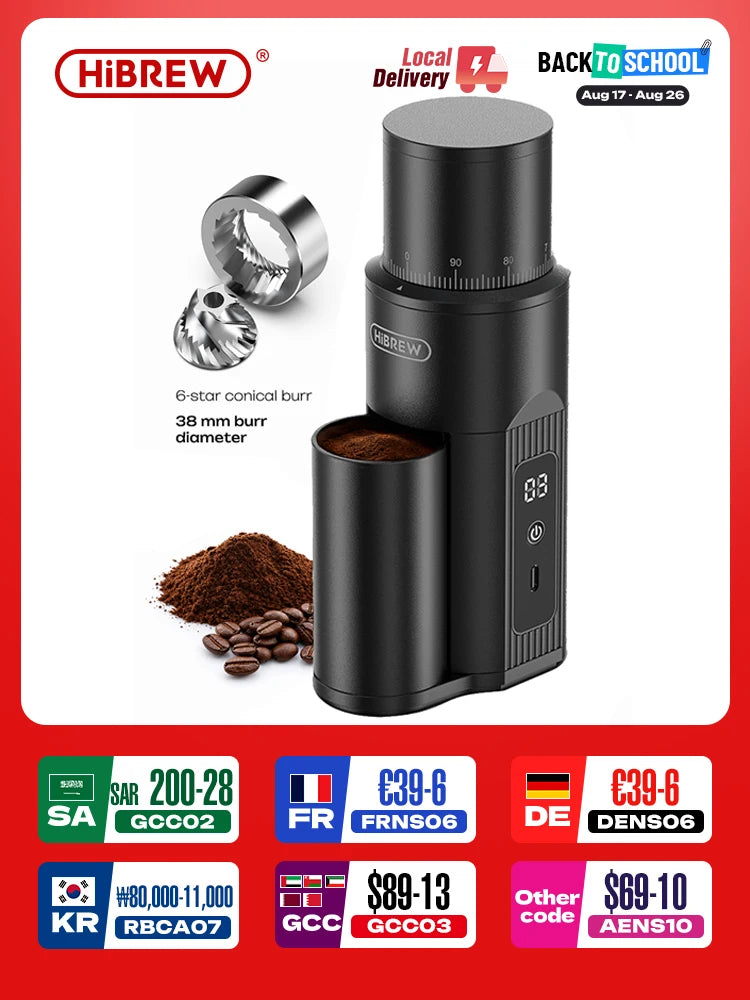 HiBREW G5 Mini draagbare koffiemolen met maalschijven, oplaadbare compacte koffiebonenmaler voor espresso, pour-over en kamperen