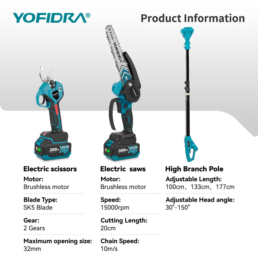 YOFIDRA Borstelloze elektrische kettingzaag met telescopische steel, 3-in-1 takkenzaag voor houtbewerking en snoeien, elektrisch gereedschap voor Makita-accu