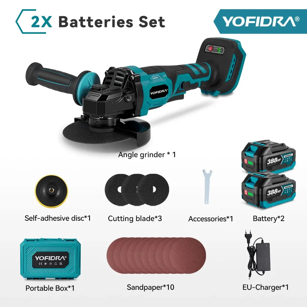 YOFIDRA 125mm Brushless Angle Grinder 3 Gears Cordless Grinding Machine Cutting Woodworking Power Tool For Makita Battery Pin