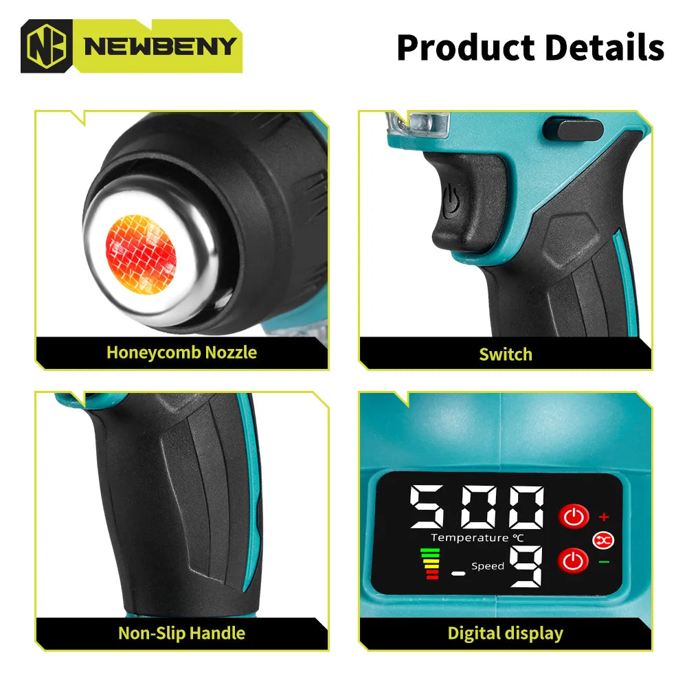 NEWBENY Pistolet à air chaud électrique 2000W 500℃, 9 vitesses, portable, sans fil, rechargeable, outil électrique industriel et domestique pour batterie Makita