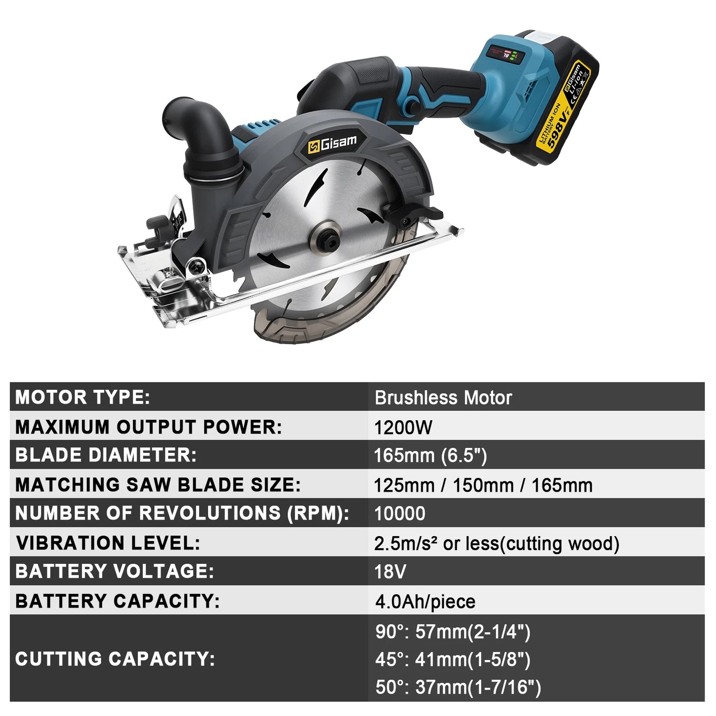 Gisam 165mm Brushless Electric Circular Saw 10000RPM Cordless Adjustbale Angle Woodworking Power Tool For Makita 18v Battey Pins