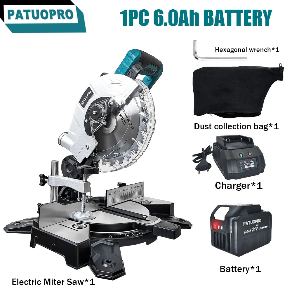 Scie à onglet sans fil PATUOPRO 8 pouces, biseau simple 45°, scie électrique compacte pour bois et aluminium, outil électrique compatible avec batterie Makita 18V