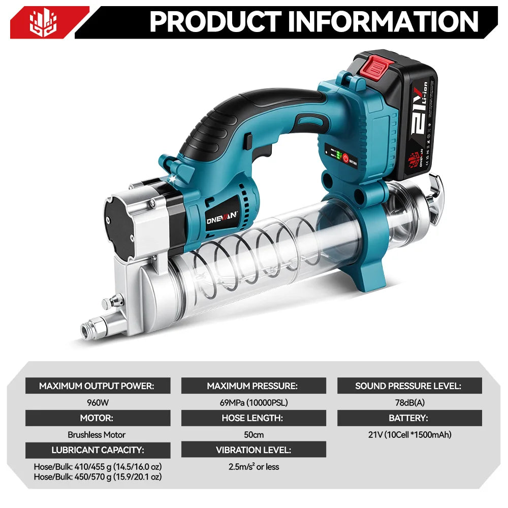 ONEVAN 69Mpa 10000PSL Electric Grease Gun Oil Injector Fat Machine Electric Grease Gun Hardware Tools For Makita 18V Battery Pin
