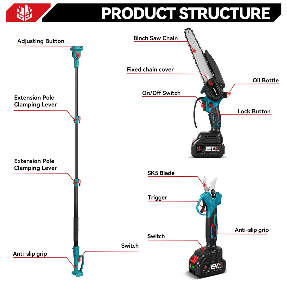 ONEVAN 4-in-1 Borstelloze telescopische elektrische kettingzaag 8 inch takkenschaar tuingereedschap voor Makita 18V-accu