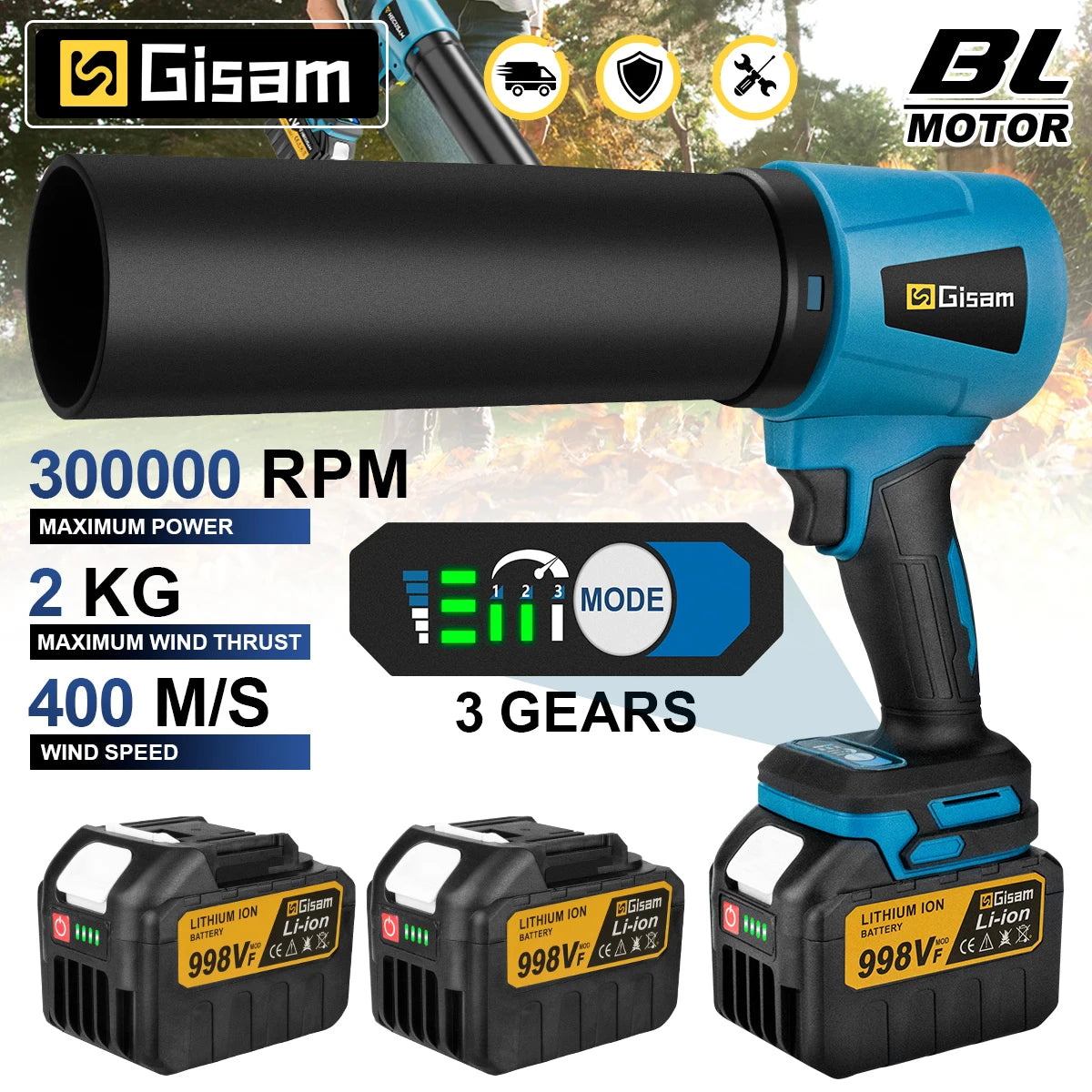 Gisam 3000W Borstelloze Elektrische Turbo Blower Jet Fan 400M/S 300000RPM Handzame Blad- en Stofblazer voor Makita 18V Accu