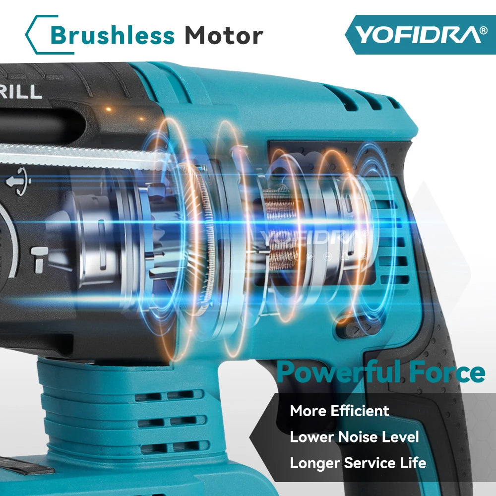 YOFIDRA 26mm Borstelloze Elektrische Boorhamer Snoerloze Multifunctionele Klopboormachine Elektrisch Gereedschap voor Makita 18-21V Accu