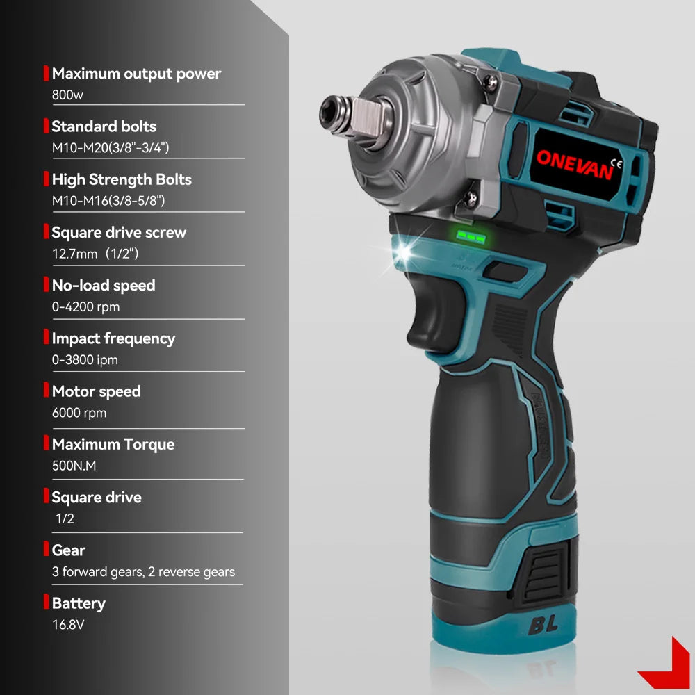 ONEVAN 500Nm Koppel Borstelloze Elektrische Slagmoersleutel 1/2 inch Accusleutel Autoreparatie Elektrisch Gereedschap voor 16,8V Lithium-ion Accu
