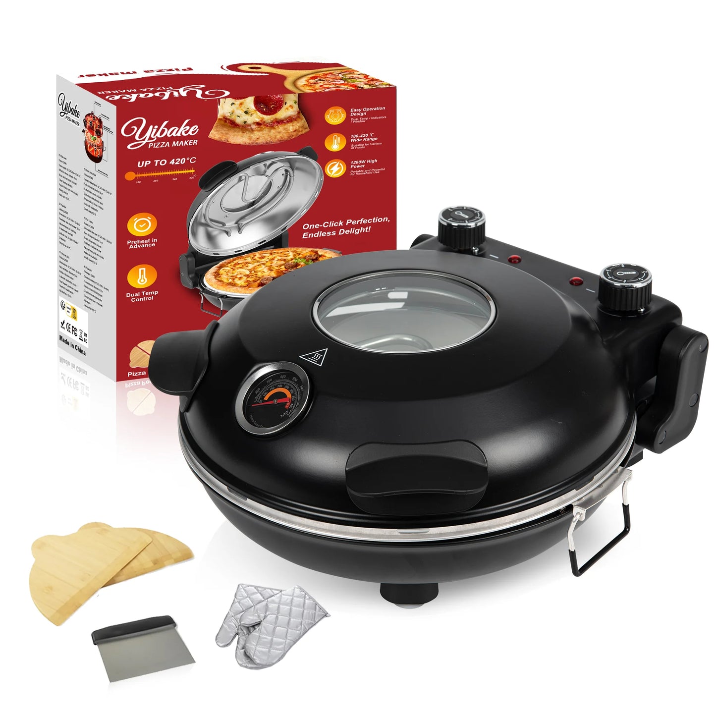 12 Inch Electric Pizza Oven Indoor 1200 Watt Glazed Ceramic Stone Cooker Two-button Precise Temperature Control Heats up 420℃