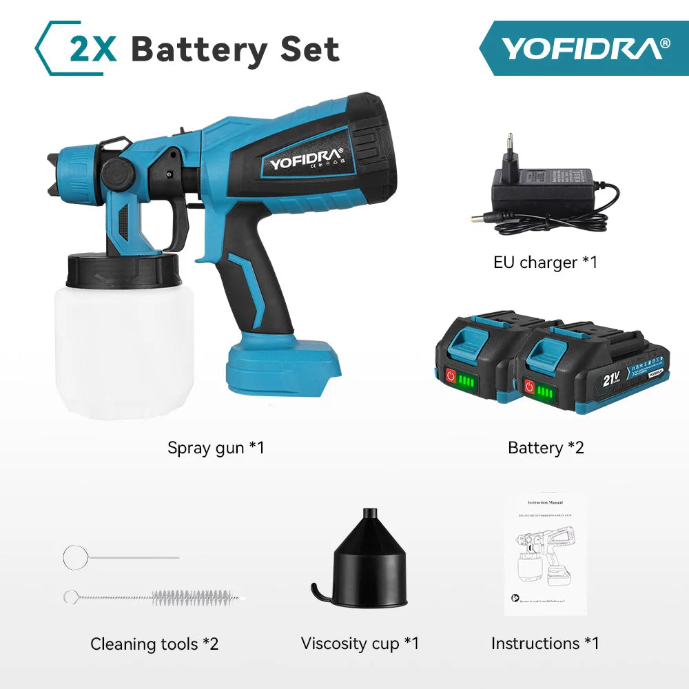 YOFIDRA 1000ML Electric Spray Gun Cordless Paint Sprayer Auto Steel Coating Airbrush DIY Power Tools for Makita 18V-21V Battery Pin