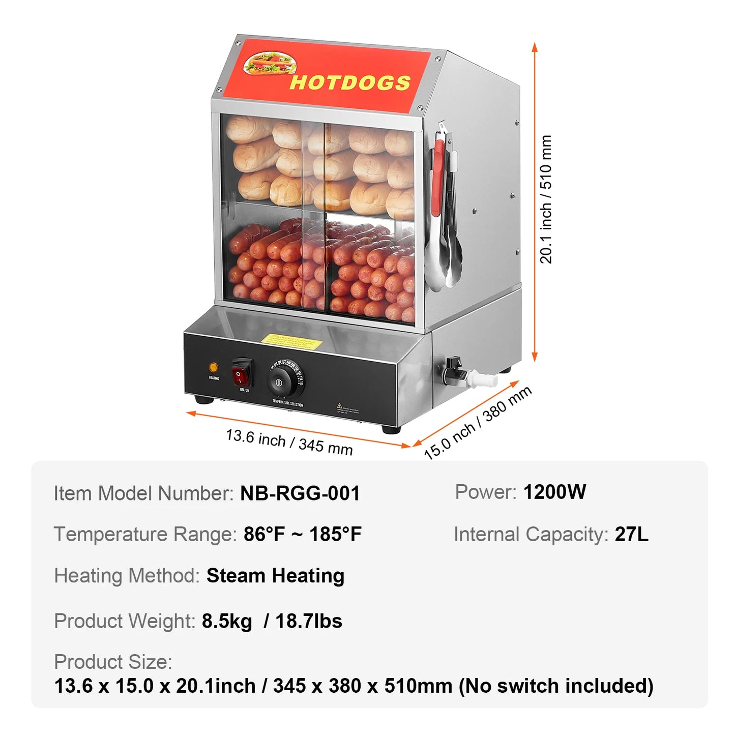 SucceBuy 27L 2Tiers Hot Dog Steamer with Temperature Control Stainless Steel Electric Bun Warmer for Hot Dogs&Buns for Cinema