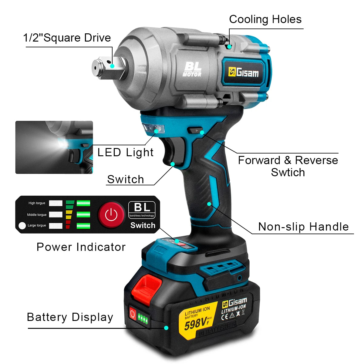 Gisam 2000N.m Brushless Impact Wrench 1/2" Repair Cordless Screwdriver 5Gear Hexs Socket Adapter Kit for Makita 18V Battery Pins