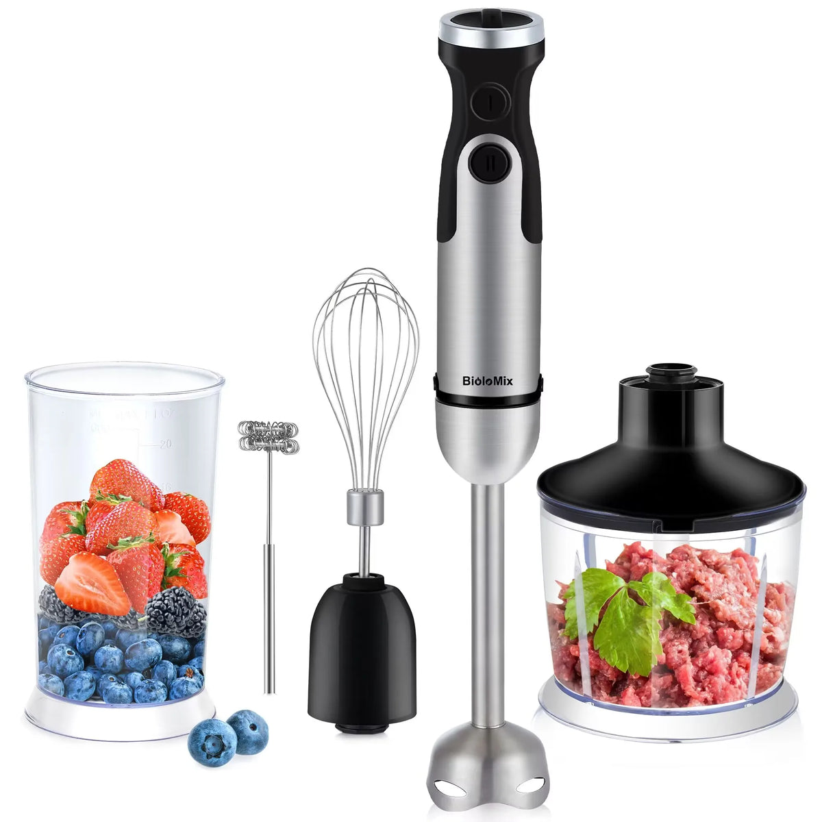 Mixeur plongeant 5-en-1 BioloMix 1200W, incluant hachoir à légumes, hachoir à viande, fouet et gobelet à smoothie