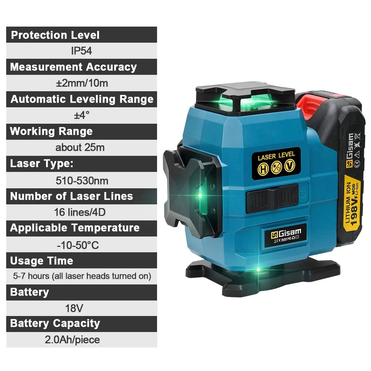 Gisam 16 Lines 4D Laser Level 360 Vertical & Horizontal Lasers Professional Super Power Green Beam For Makita 18V Battery Pins