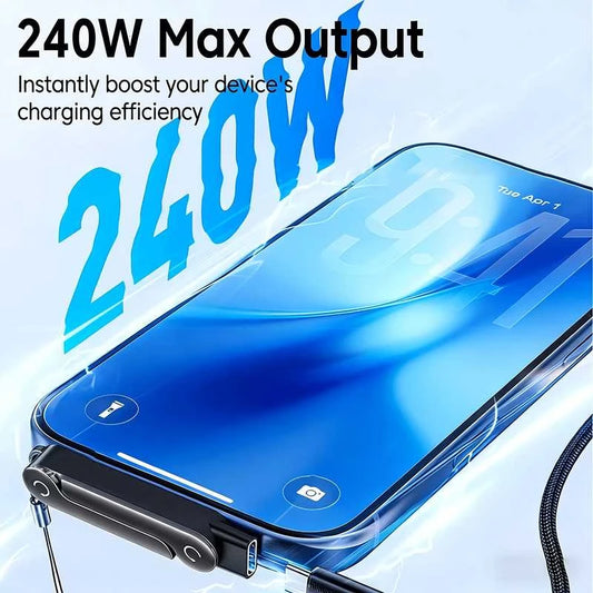 2-in-1 240W supersnelle oplaadkabel met afneembare, opvouwbare telefoonstandaard voor smartphone, tablet en laptop voor op reis