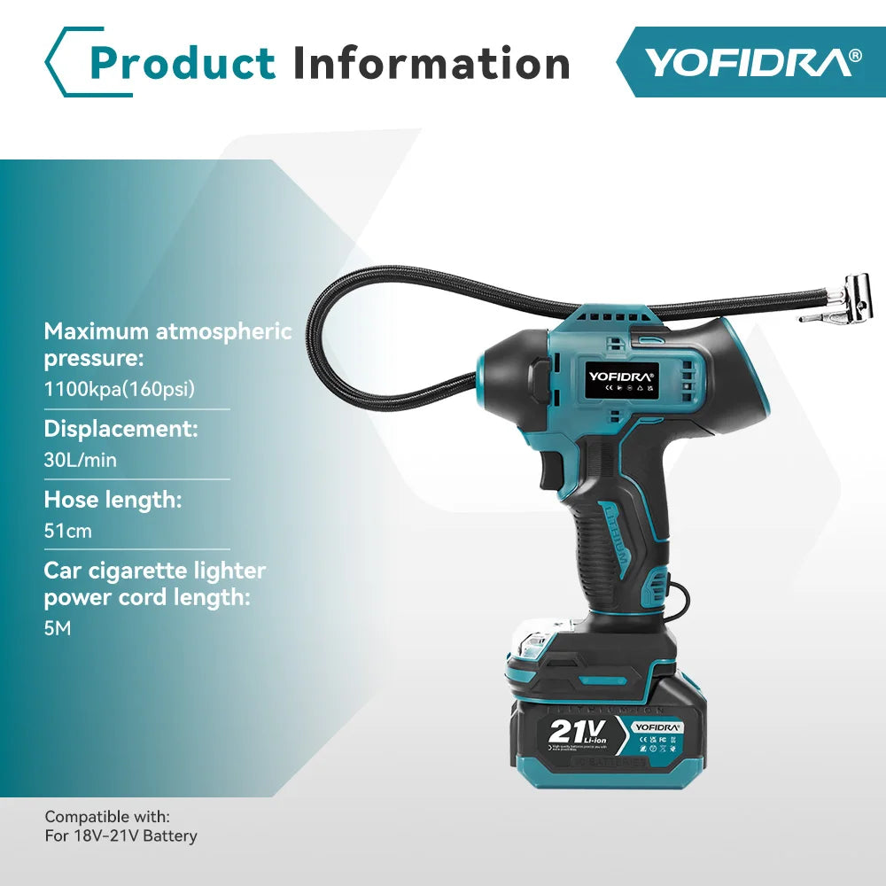 YOFIDRA Opblaasbare Elektrische Luchtpomp Digitaal Display Autobandenpomp Automatische Luchtpomp Elektrisch Gereedschap voor Makita 18-21V Accu Pin