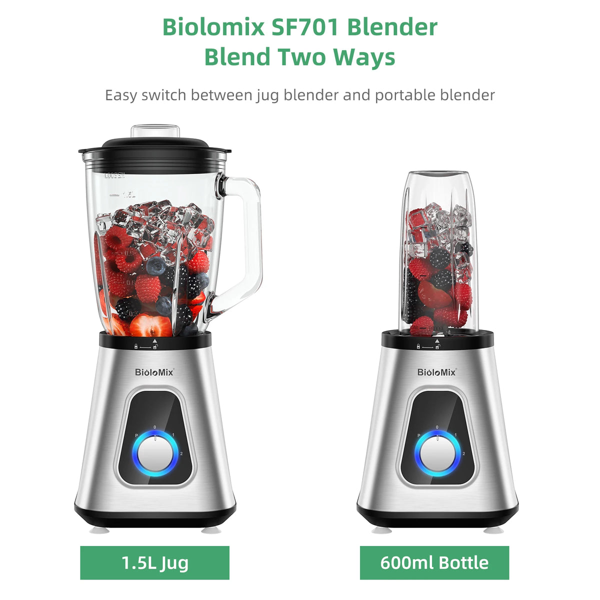 BioloMix professionele 1300W blender met 1,5L BPA-vrije glazen kan, perfect voor bevroren smoothies en zelfgemaakte sauzen