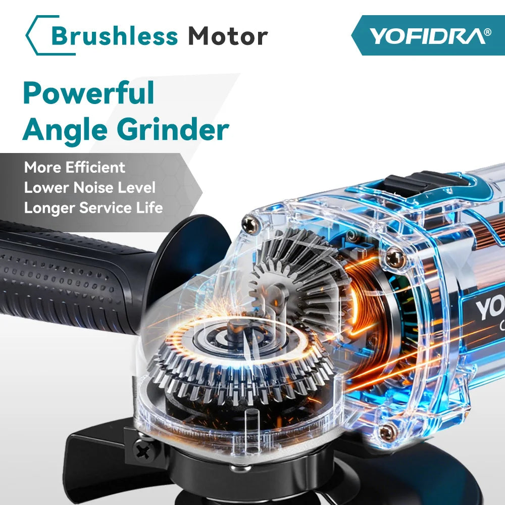 YOFIDRA 125MM Brushless Electric Angle Grinder Cordless Metal Wood Grinding Polishing Cutting Power Tool for Makita 18-21V Battery Pin