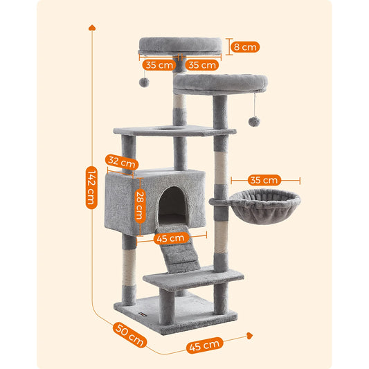 Arbre à chat FEANDREA - Hauteur 142 cm - 2 plate-formes - 1 niche - 1 hamac - 1 pompon - Gris clair