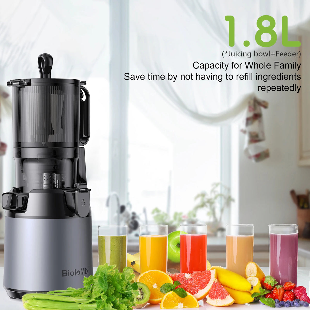 BioloMix Slow Masticating Juicer Cold Press with 130mm Feed Chute BPA Free High Juice Yield Whole Fruit & Vegetable Juicer