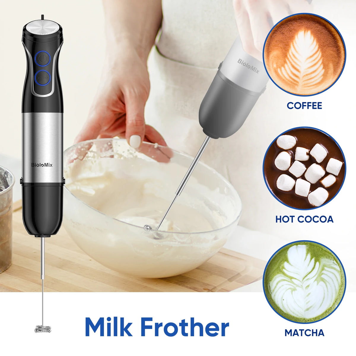 Mixeur plongeant 5 en 1 BioloMix 1500W avec lame en acier inoxydable 304 pour purées, smoothies et préparation d'aliments pour bébés