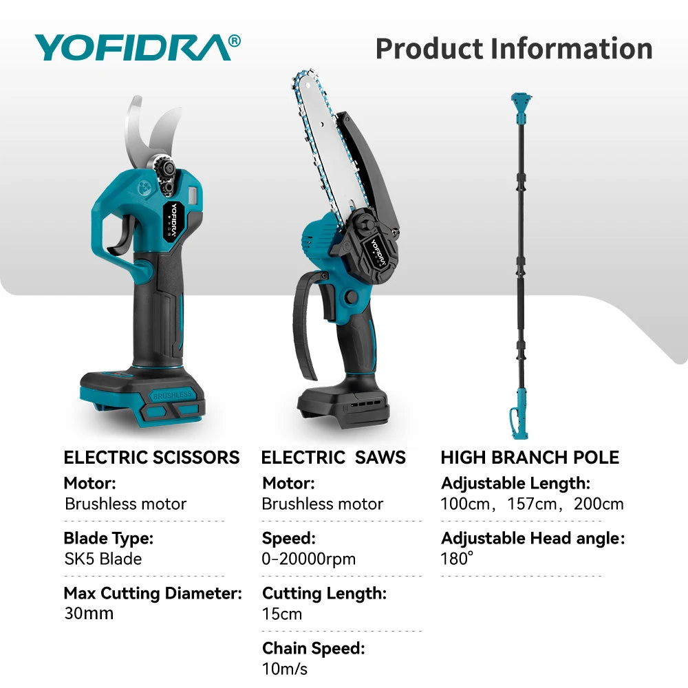 YOFIDRA 4IN1 Brushless Electric Chainsaw Telescoping Pole Saw High Branch Saw Garden Pruning Power Tool for 21V 18V  Battery Pin