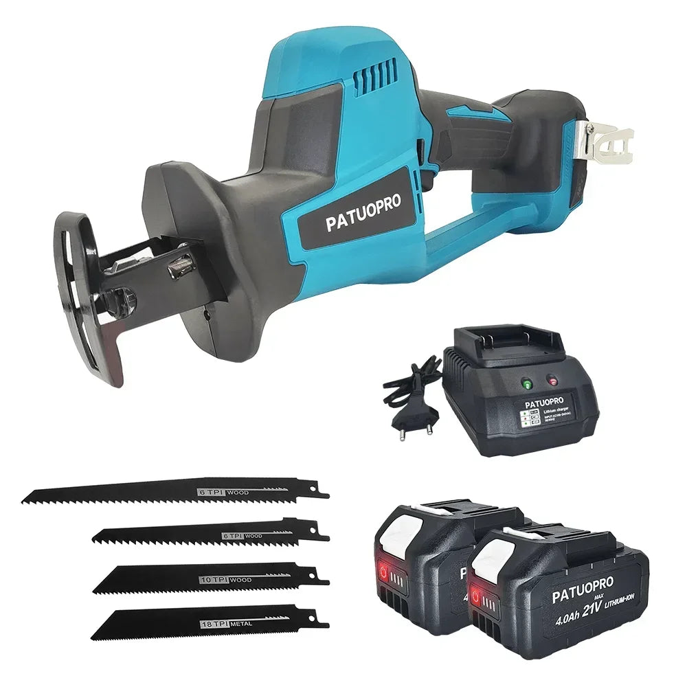 255 mm borstelloze elektrische reciprozaag met 4 zaagbladen, snoerloos, instelbare snelheid, voor PVC-buizen en hout, geschikt voor Makita 18V-accu