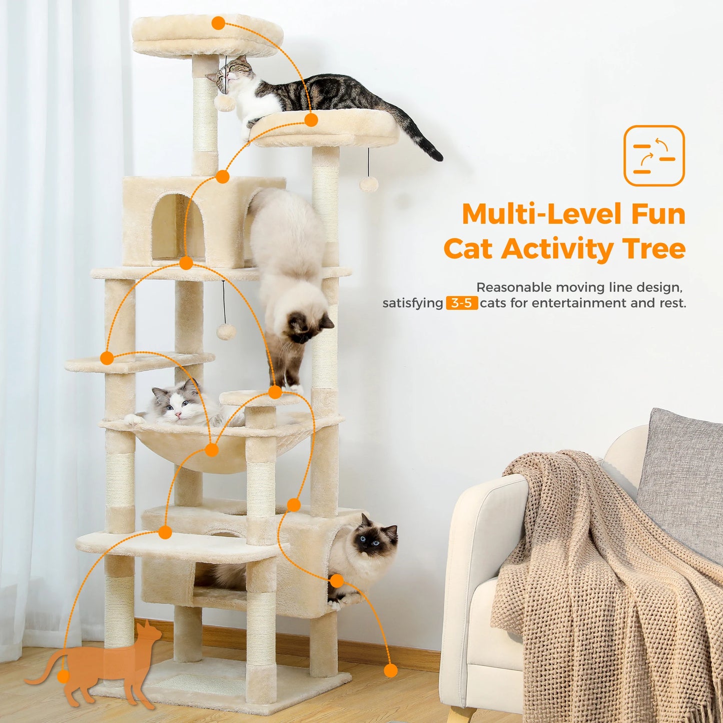 Multi-level fun cat activity tree with scratching posts, perches, and condos.