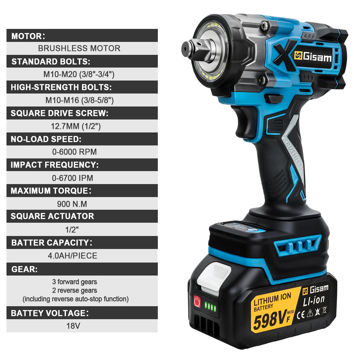 Gisam 900N.M Borstelloze Elektrische Slagmoersleutel 1/2" Accu High-Torque Moersleutel Boormachine Schroevendraaier Gereedschap voor Makita Accu Pin