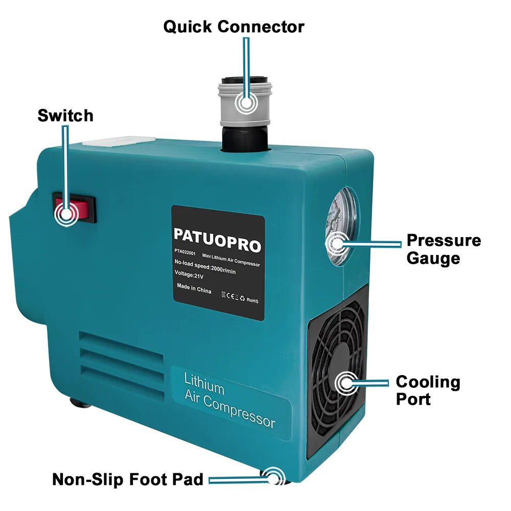 PATUOPRO Draagbare Elektrische Luchtcompressorpomp Hoge Druk Met Manometer Voor Houtbewerkingsspijkerpistool Voor Makita 18V Accu
