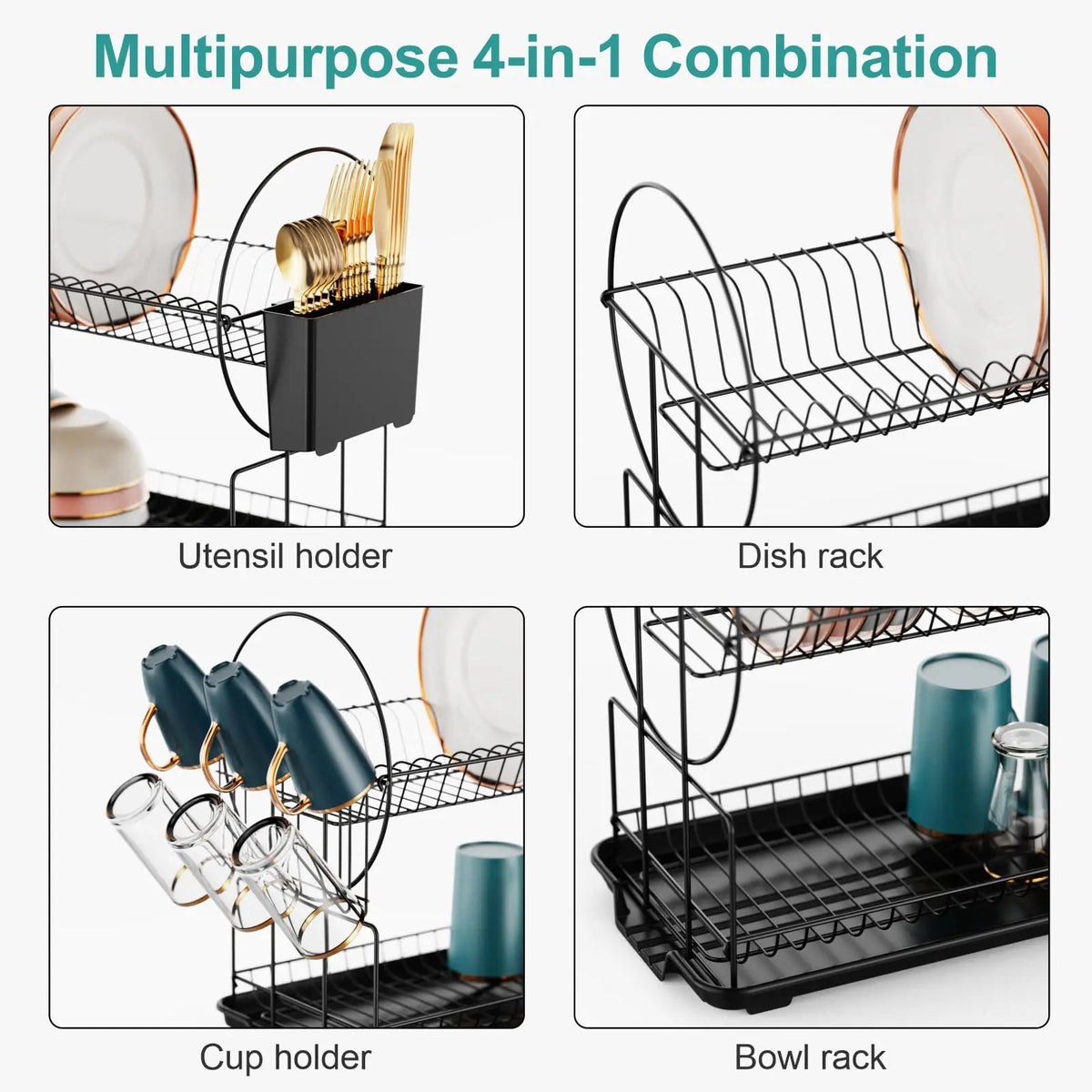 Dish Drying Rack - 2 Tier Small Dish Racks for Kitchen Counter with Drainboard,Multifunctional  Drainer for Kitchen Organization